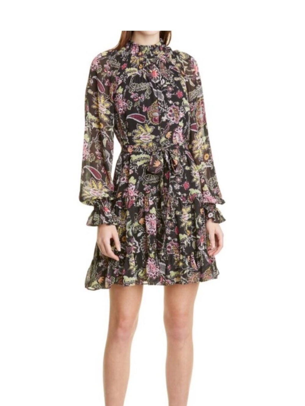 Cinq a Sept Daija Paisley Print Long Sleeve Smocked Mini‎ Dress 8